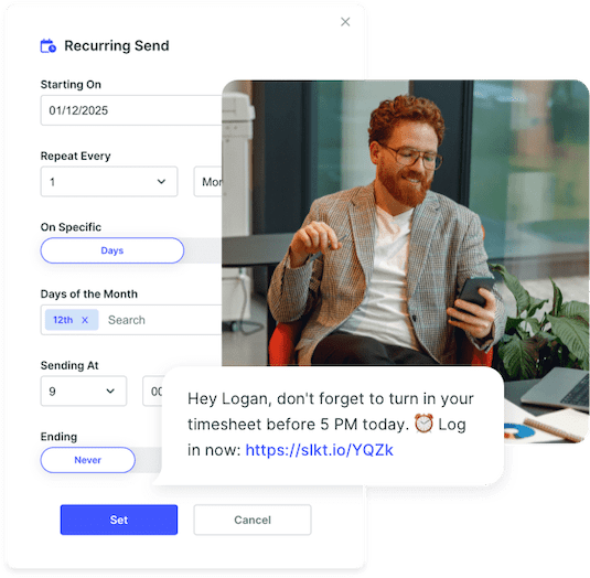 Remote worker receiving a recurring text reminder from his employer